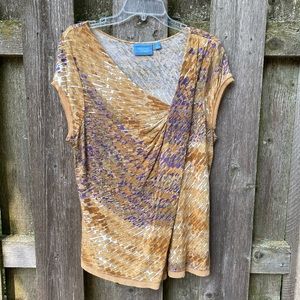 Purple and brown printed top with asymmetric neckline